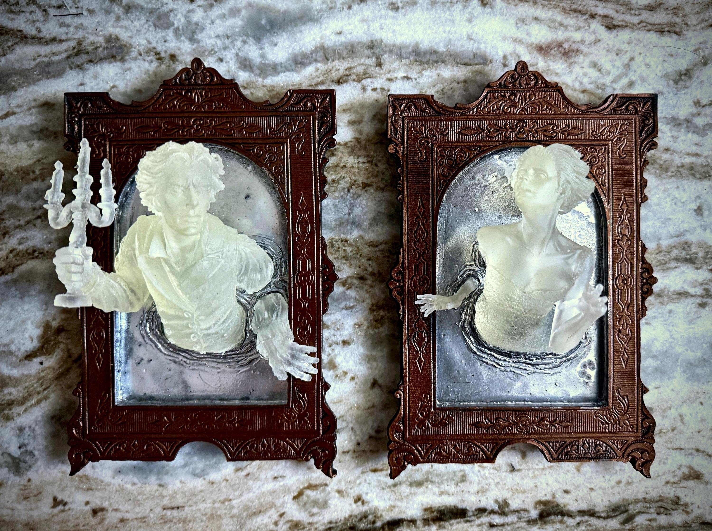 Ghost in the Mirror Wall Plaque Pair, Glow in the Dark Resin | Victorian Gothic Haunted Wall Art |  Gift for Halloween and Spooky Home Decor