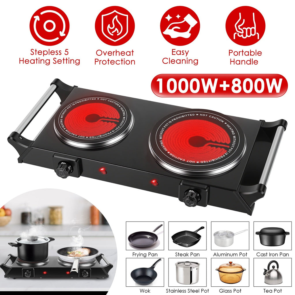 1800W Electric Double Burner Portable Heating Hot Plate Stove Countertop RV Hotplate with 5 Temperature Stepless Adjustments Portable Handles