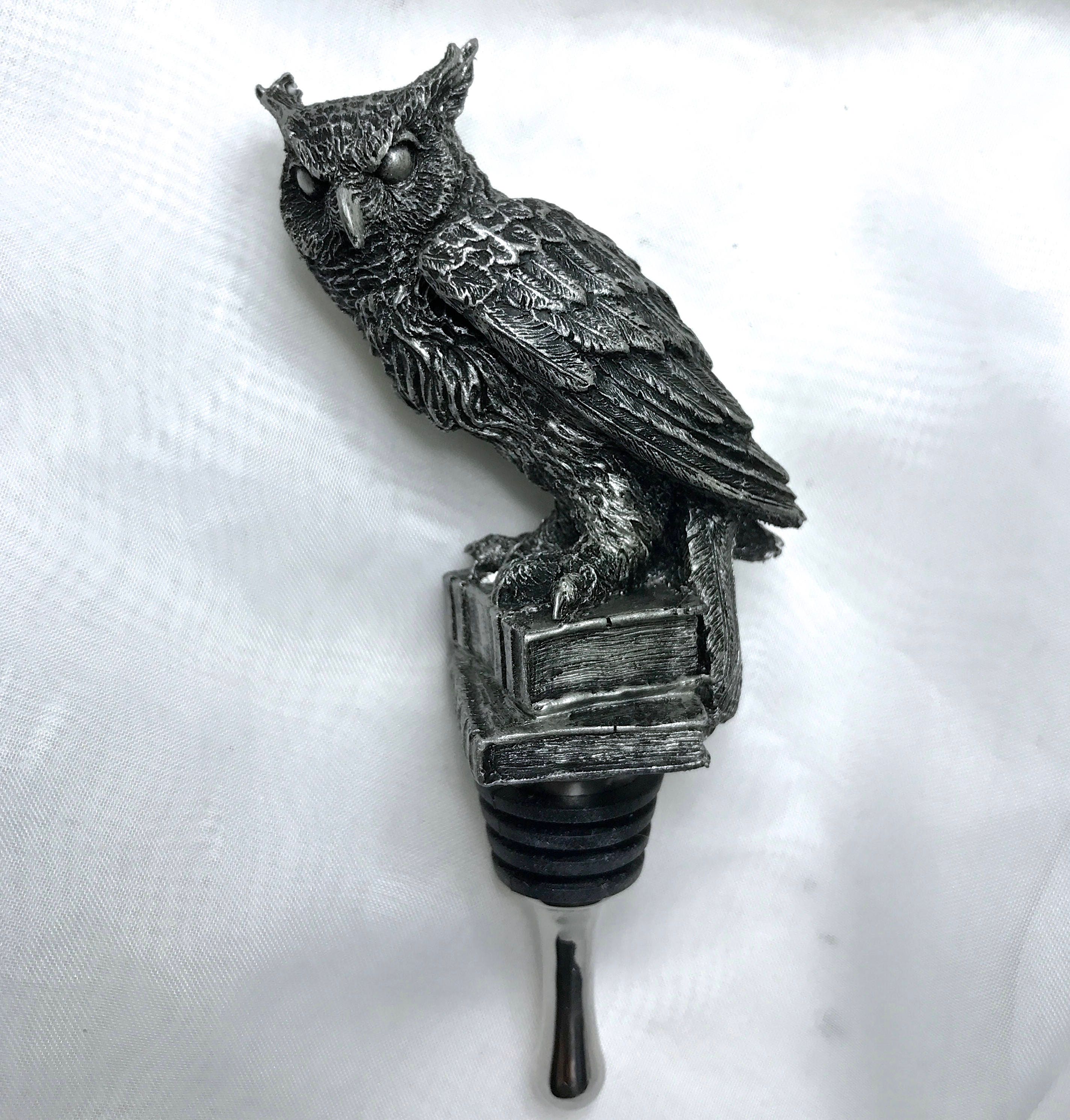 Horned Owl Winestopper, Hand Sculpted Resin | Gothic Art Barware | Owl with Books Bottle Stopper | FantasyGothic Witch Wine and Barware Gift