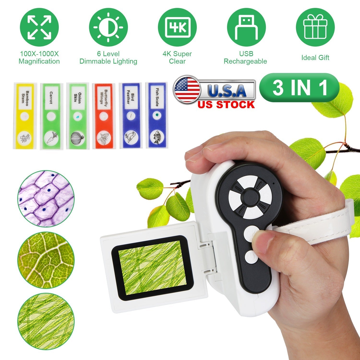 3 In 1 1000X KidsÕ Microscope Telescope Camera Handheld USB Mini Microscope with LED Light 6 Sample Slides 32G MMC Card for Boys Girls Aged 6+ Years O