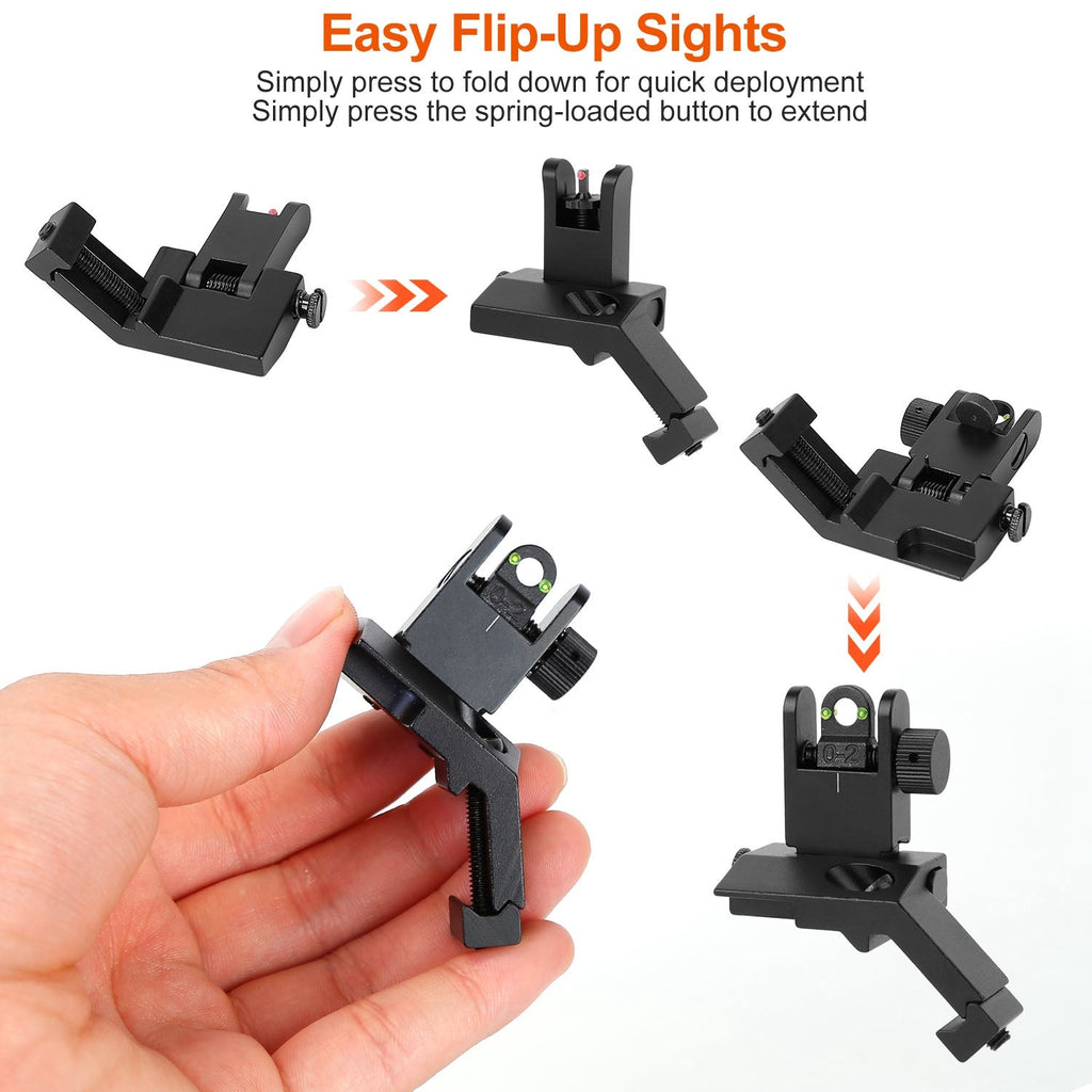 45 Degree Offset Rear Front Flip Up Sights Fiber Optics Aluminum Sights Tactical Folding Back Up Sight Set with Red Green Dots Fit Picatinny Weaver Ra