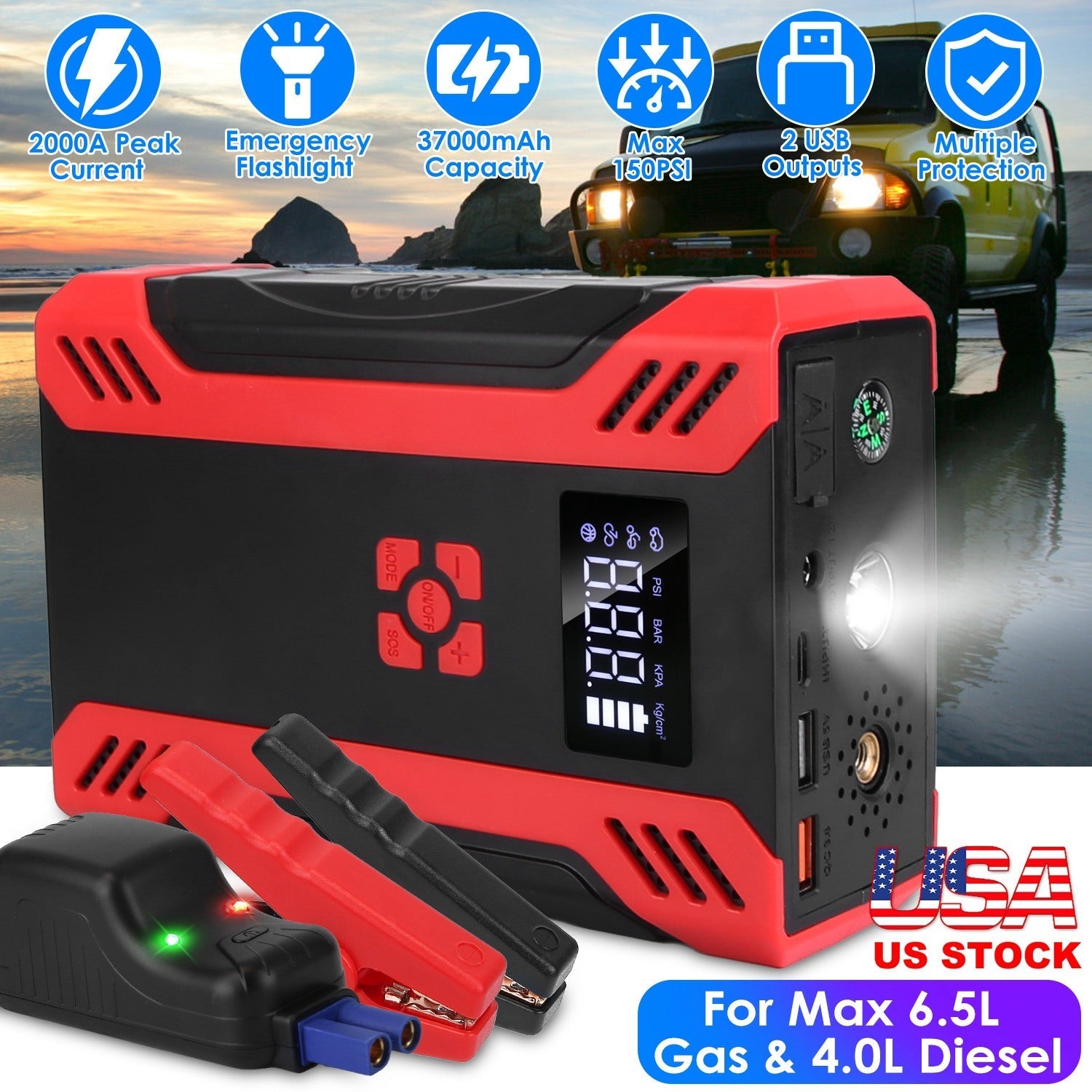 Car Jump Starter with Air Compressor Portable Car Battery Booster with Digital Tire Inflator with 2000mAh Peak Current for 12V Car 6.5L Gas or 4.0L Di