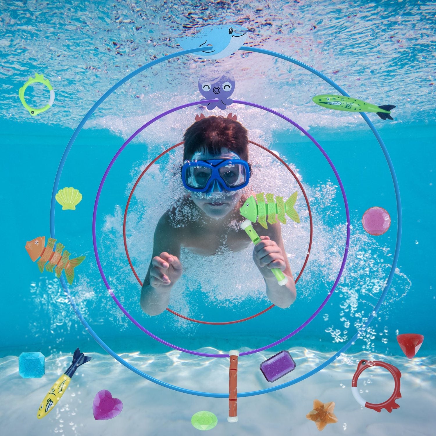 24Pcs Diving Toys Swimming Pool Toys Swim Toys for Kids Aged 3+ Years Old Swim Thru Rings Torpedoes Gems Volleyball Storage Bag