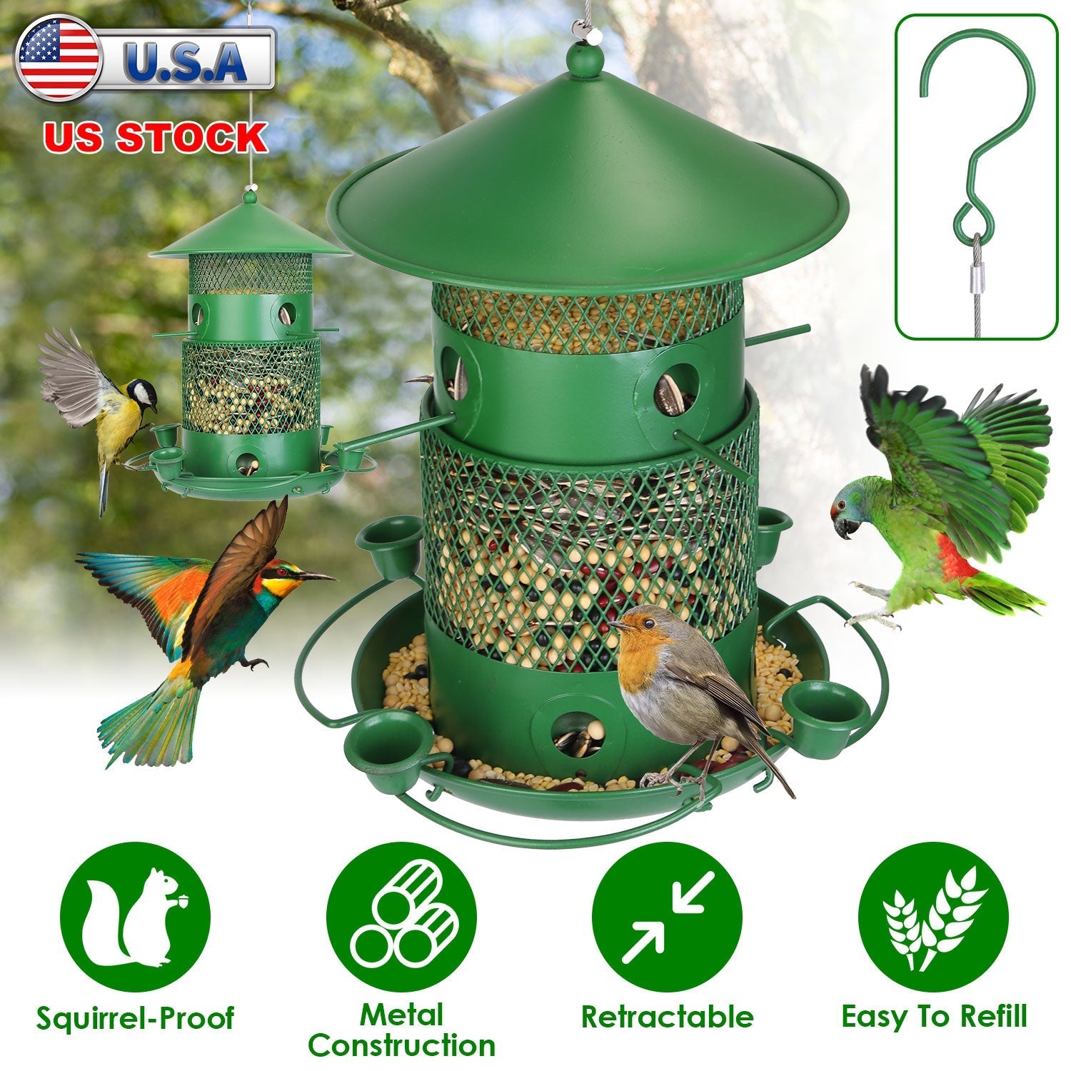 Wild Bird Feeder Squirrel-Proof Chew-Proof Metal Bird Seed Feeder Outdoor Hanging Bird Feeder With 360¡ Circular Perches Water Cups For Yard Garden Pa
