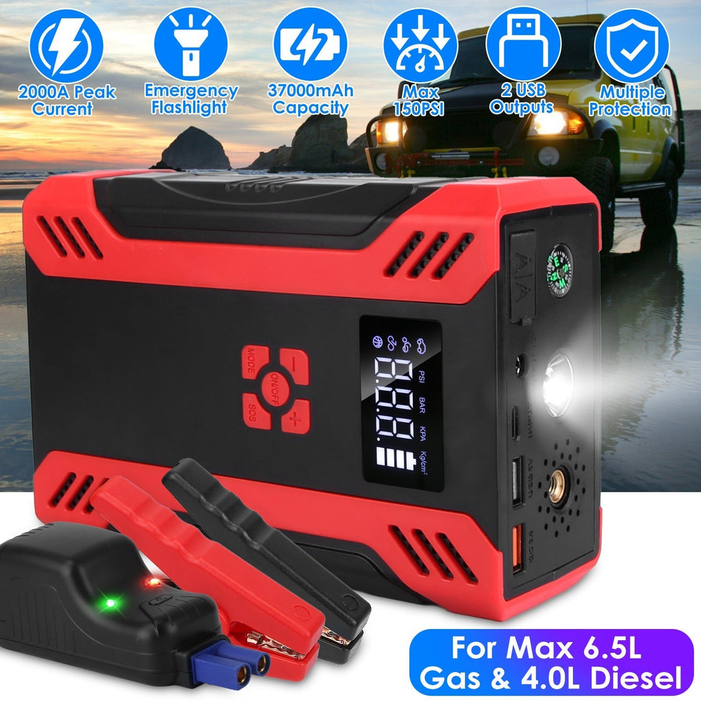 Car Jump Starter with Air Compressor Portable Car Battery Booster with Digital Tire Inflator with 2000mAh Peak Current for 12V Car 6.5L Gas or 4.0L Di