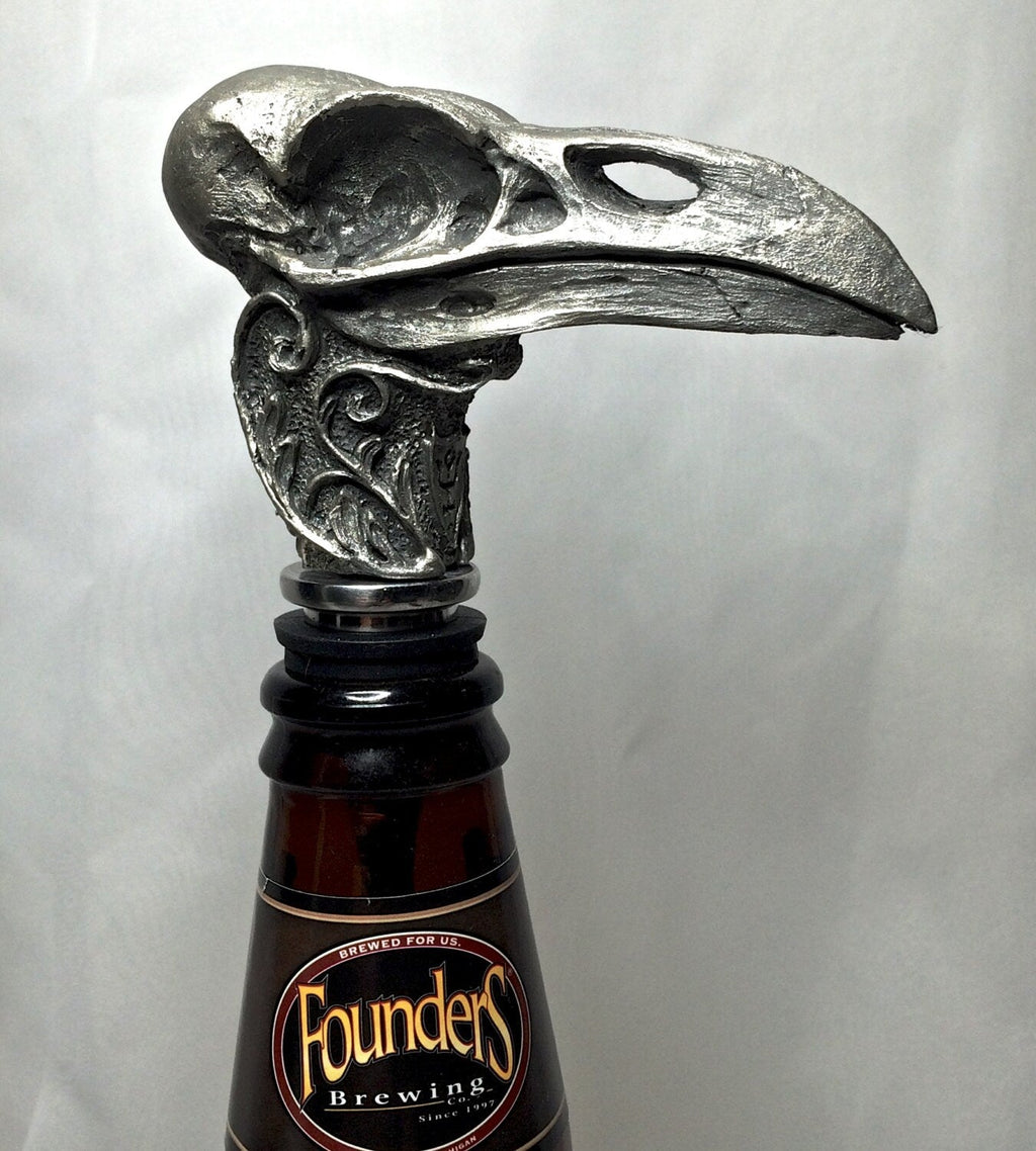 Raven Skull Winestopper, Hand Sculpted Resin | Gothic Art Barware | Raven Crow Skull Bottle Stopper, Gothic Wine Gift and Home Decor