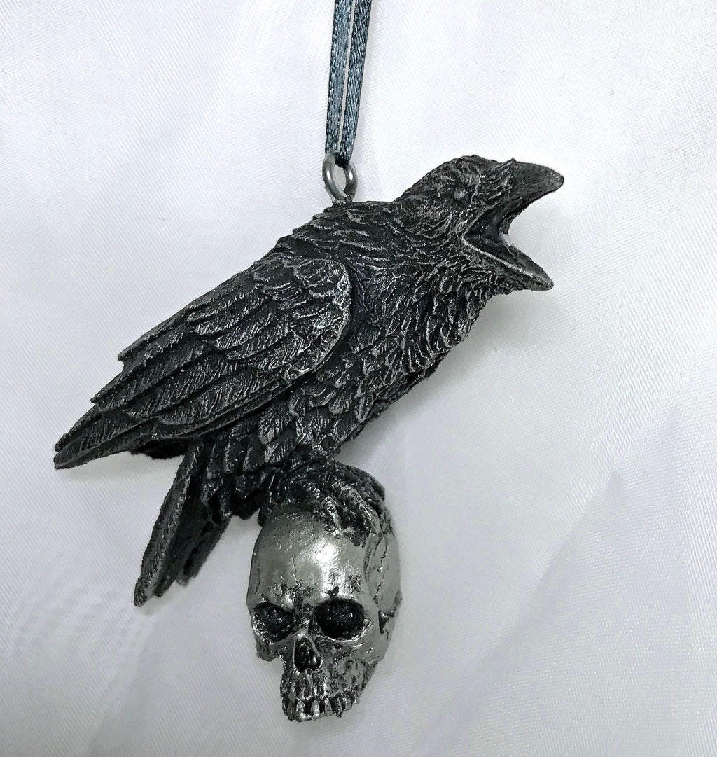 Raven Perched on Skull Ornament | Unique Gothic Home Decor | Resin Sculpture Poe's Raven, Literary Ornament Gift and Gothic Holiday Decor