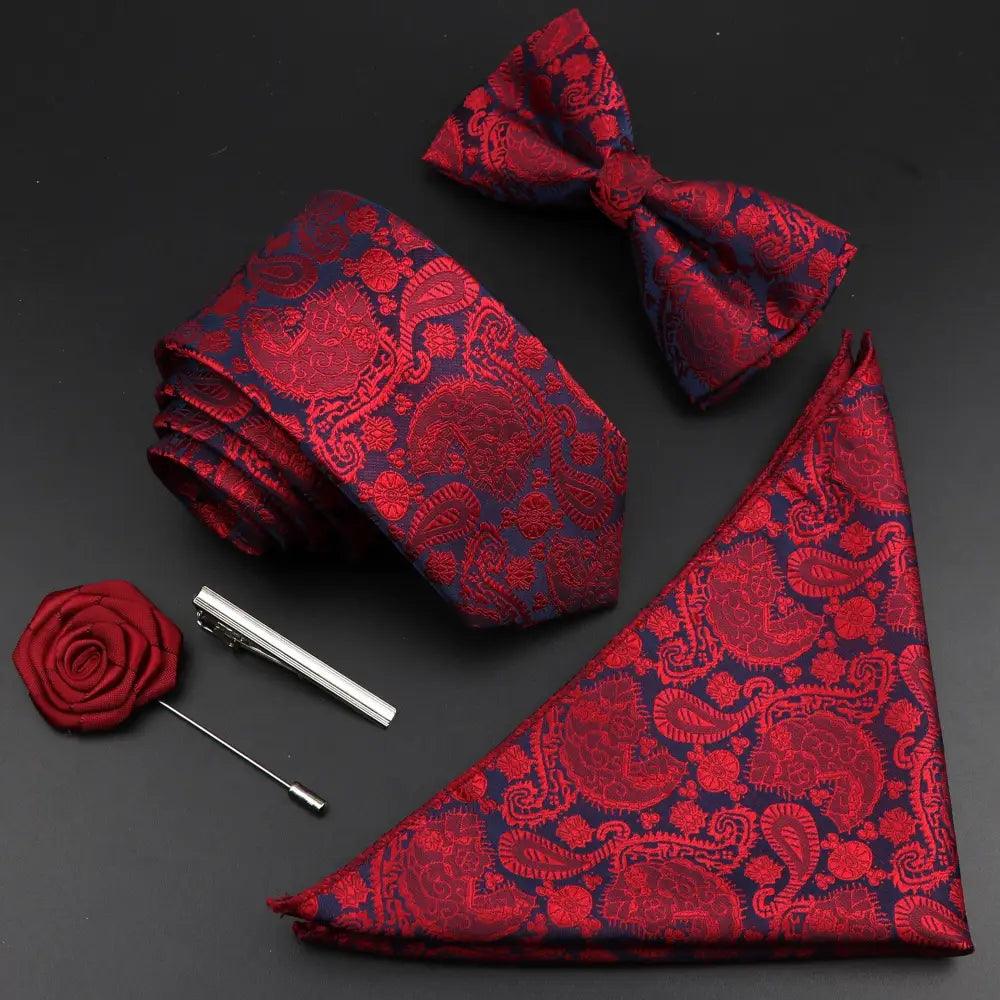 Fashion Red Business Necktie Matching Bowtie Flower Vintage Design Set For Men Self-Tie Bow Tie And Pocket Square Classic Business Tuxedo Wedding Bowties Handkerchief Set Men Necktie And Pocket Square Set