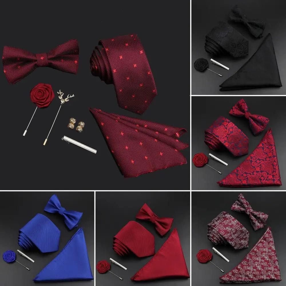 Fashion Red Business Necktie Matching Bowtie Flower Vintage Design Set For Men Self-Tie Bow Tie And Pocket Square Classic Business Tuxedo Wedding Bowties Handkerchief Set Men Necktie And Pocket Square Set