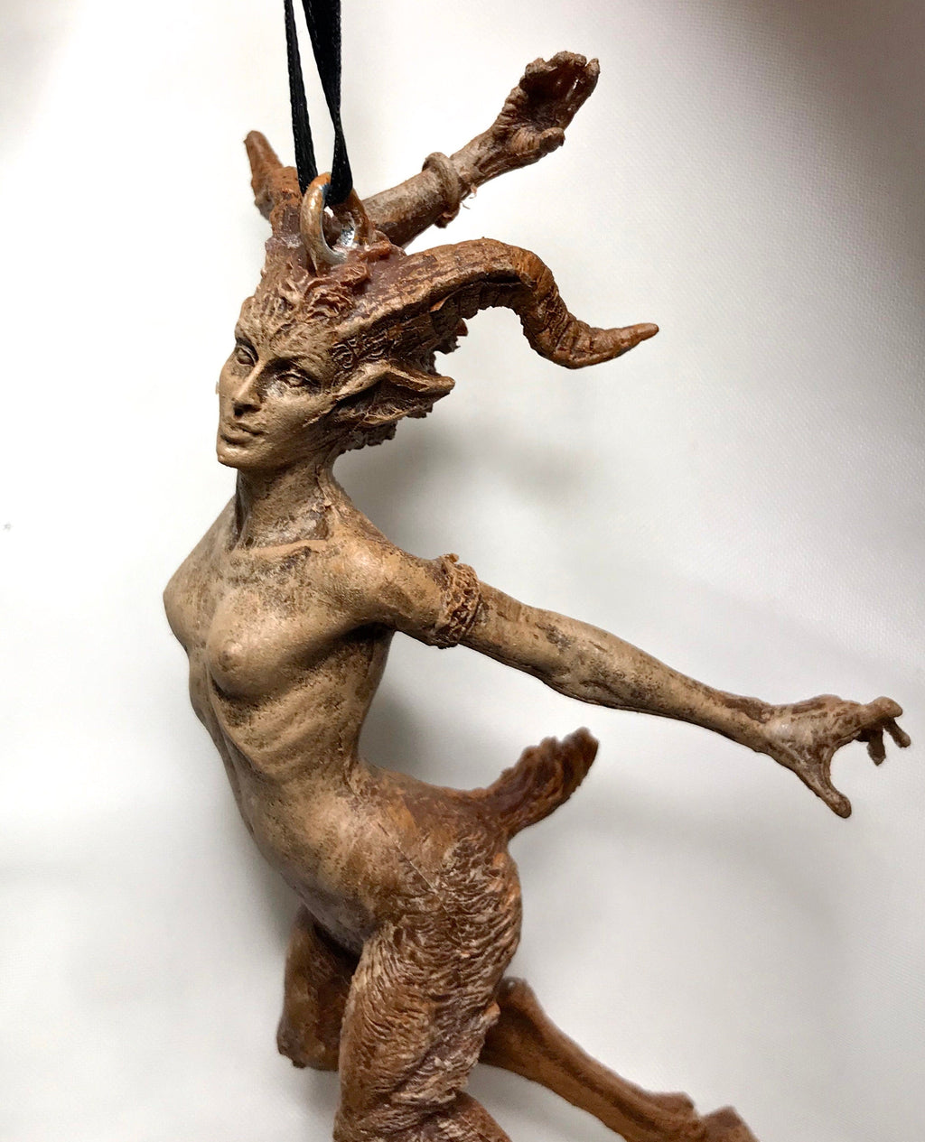 Faun Ornament, Hand Painted Resin Sculpture | Mythical Forest Creature Figurine | Woodland Female Satyr Ornament for Fantasy Art Decor