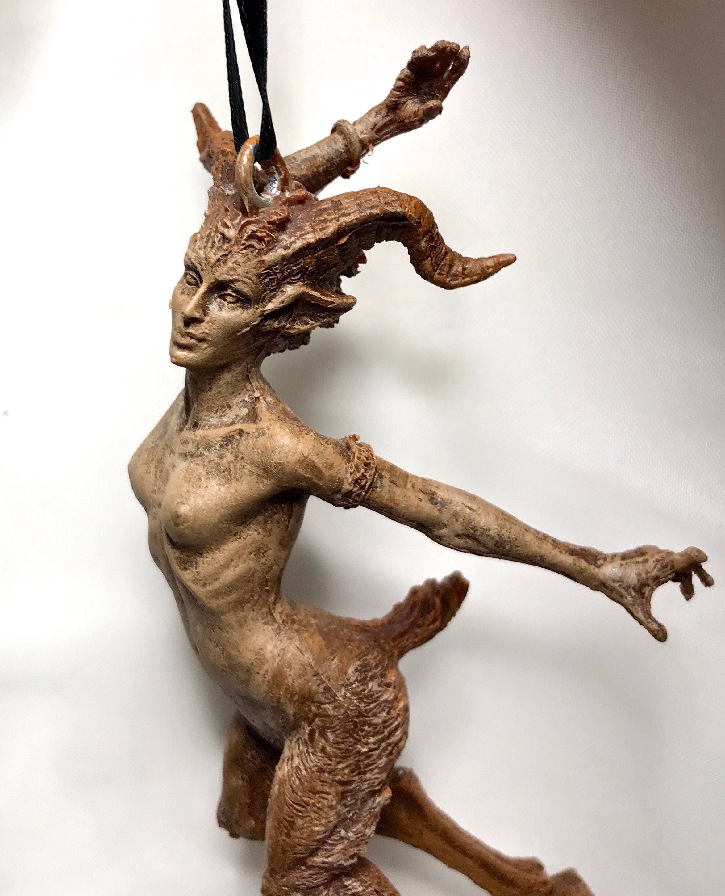Faun Ornament, Hand Painted Resin Sculpture | Mythical Forest Creature Figurine | Woodland Female Satyr Ornament for Fantasy Art Decor