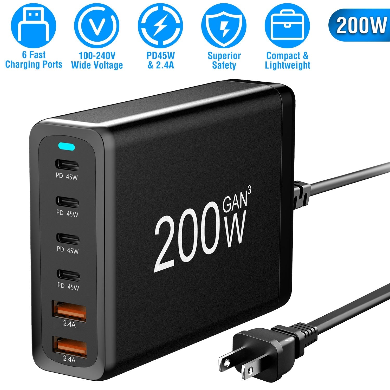 200W Fast Wall Charger with 6 Charging Ports Desktop USB Charging Station PD45W 2.4A GaN Power Adapter Fit for IOSPhone 14 13 12 11 Samsung S22 S21 Sw