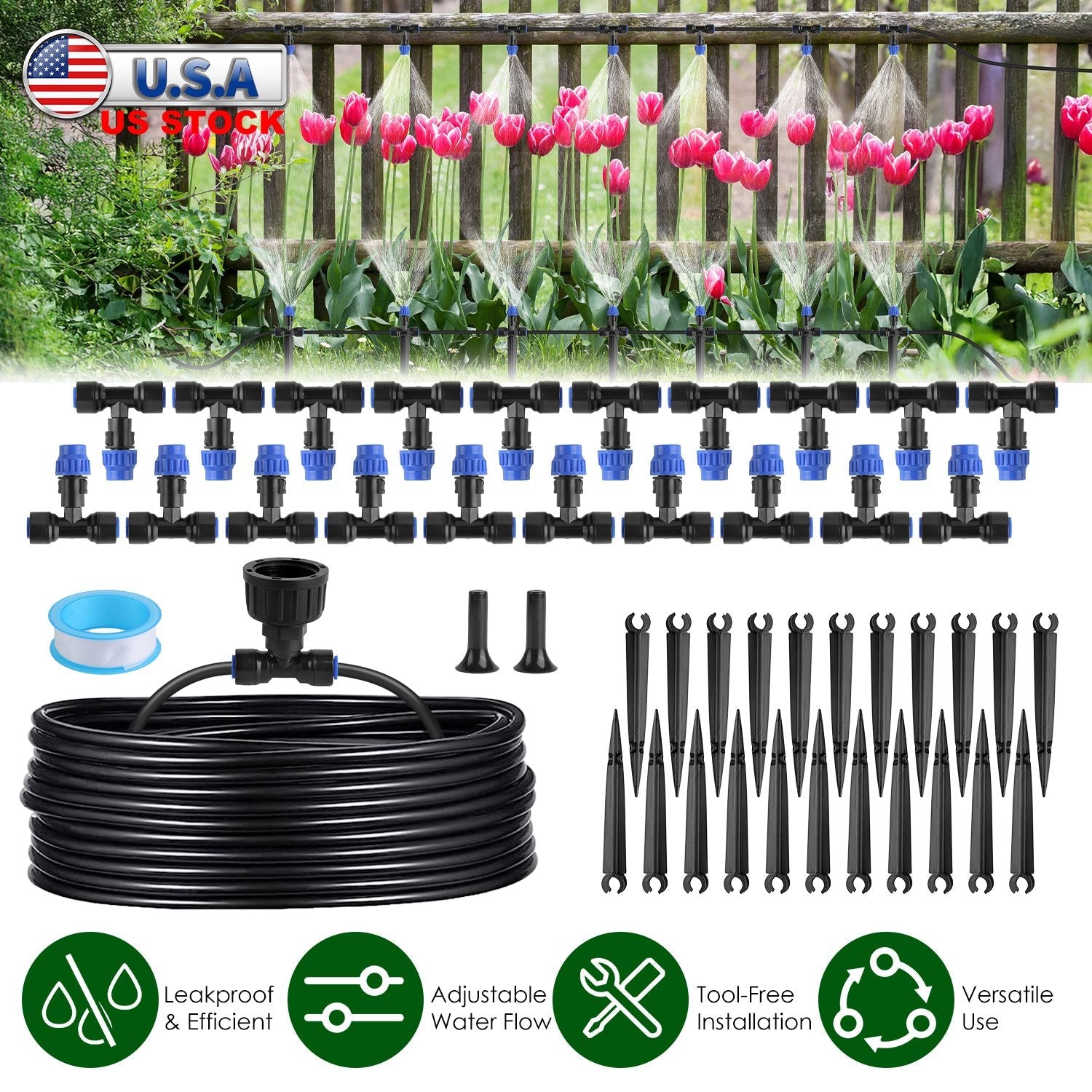 75FT Mist Drip Irrigation System with Adjustable Misting Nozzle Quick Connect Automatic Garden Watering System for Garden Lawn Patio Flower Bed