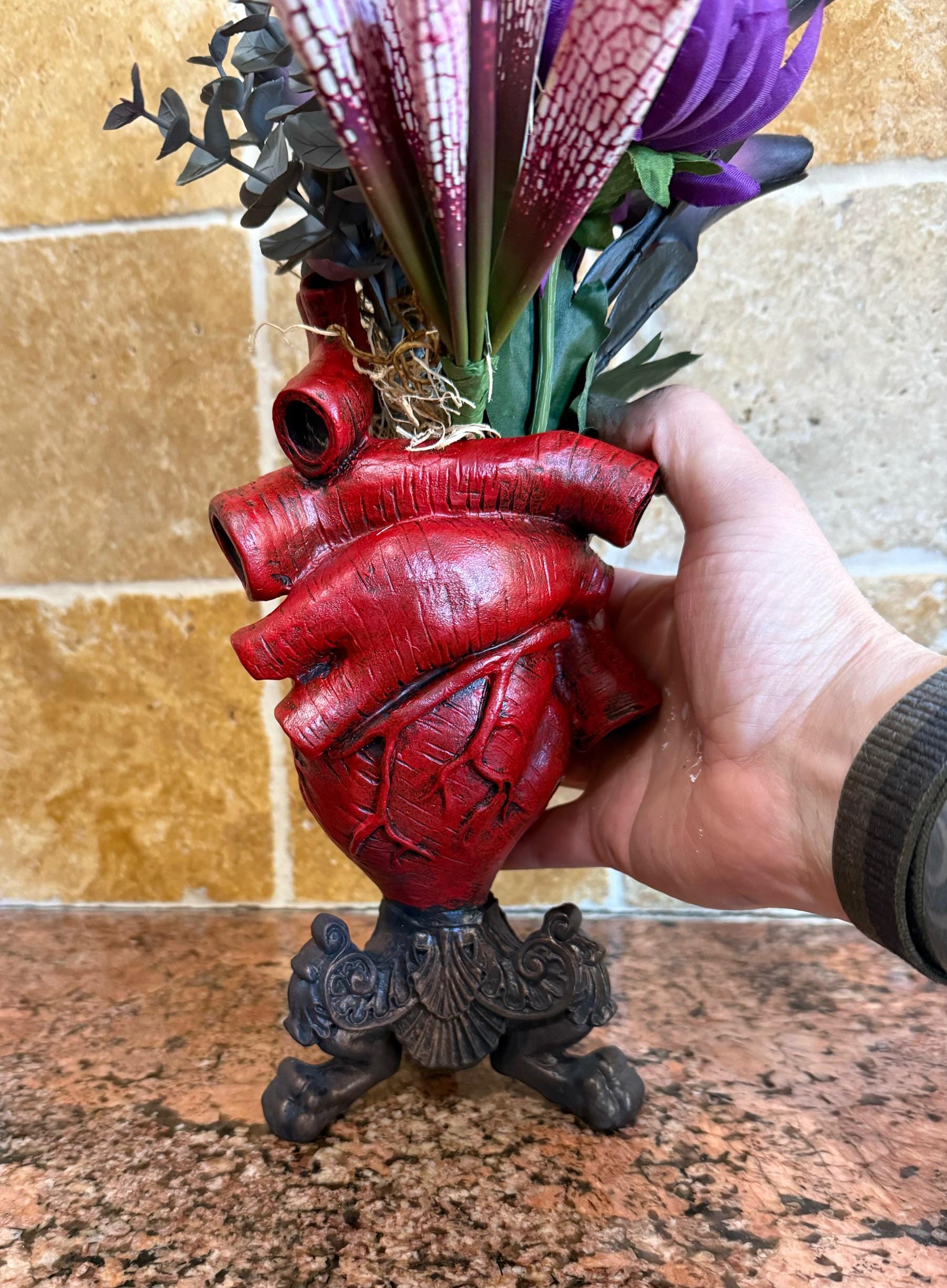 Anatomical Heart Vase, Red Finish | Unique Gothic Home Decor | Resin Sculpture Flower Vase, Medical Gift and Gothic Home Decor