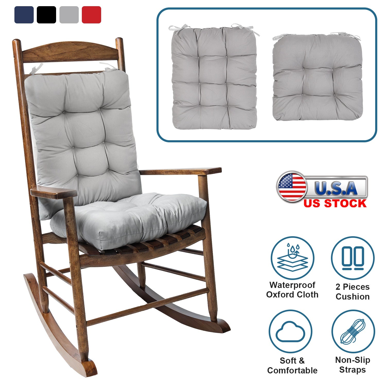 2Pcs Waterproof Rocking Chair Cushion Upper And Lower Back And Seat Sets with Non-Slip Ties Oxford Cloth Surface Polyester Filling Comfortable for Ind