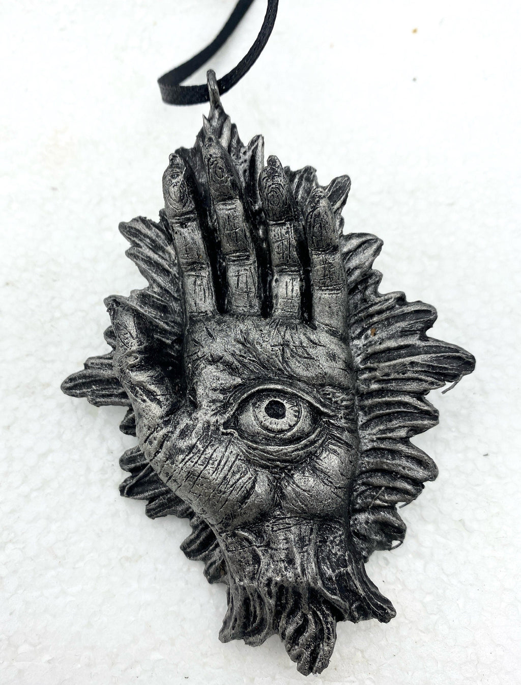 Hand of Protection Relic, Hamsa Ornament, Hand Painted Resin Sculpture |Occult Folklore Figurine | Evil Eye Pagan Ornament for Holiday Decor