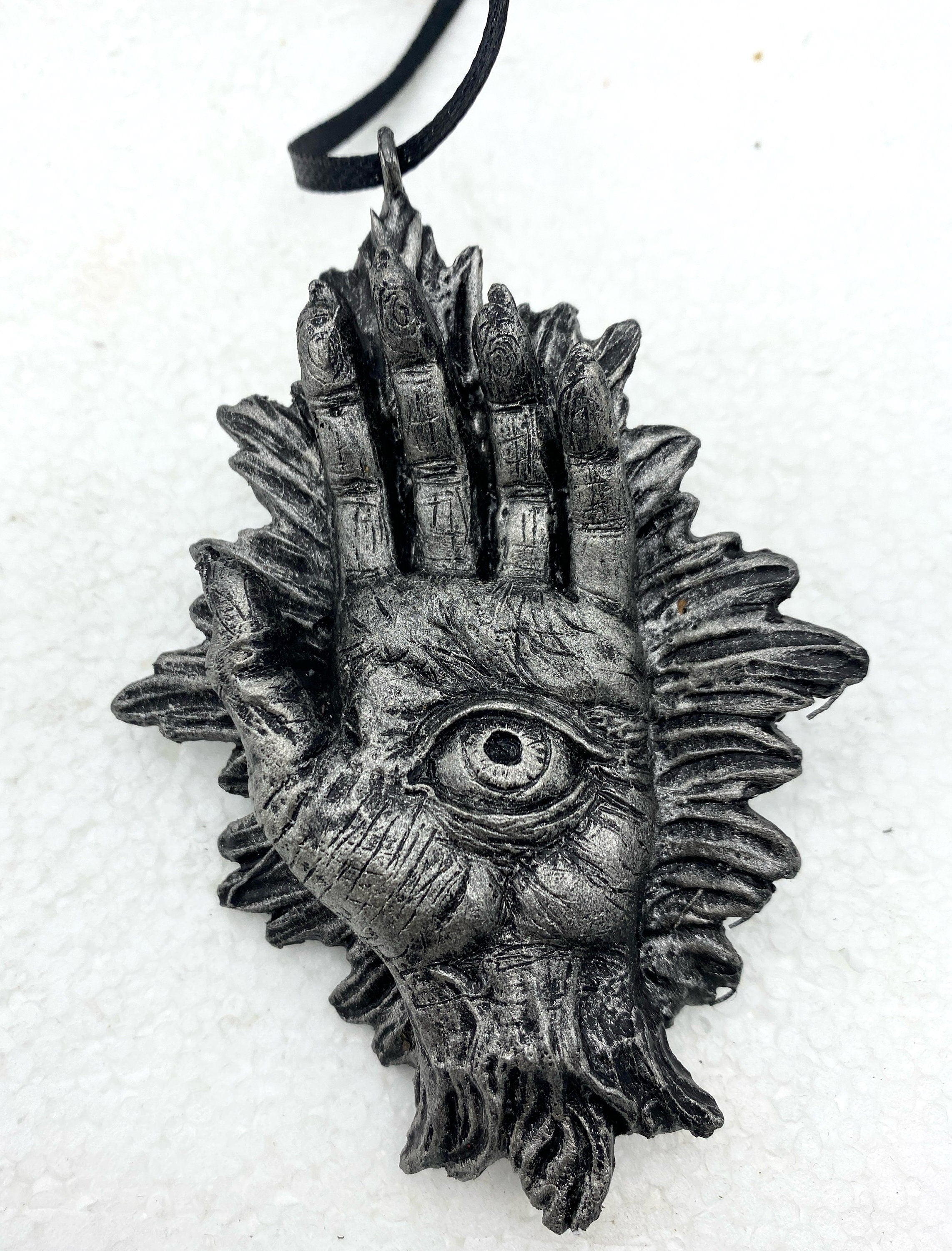 Hand of Protection Relic, Hamsa Ornament, Hand Painted Resin Sculpture |Occult Folklore Figurine | Evil Eye Pagan Ornament for Holiday Decor