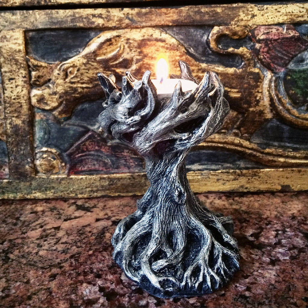 Yggdrasil the World Tree Tea Light Holder, Hand Painted Resin Sculpture | Earthy Fantasy Decor| Candle for Witchy Gift and Gothic Home Decor