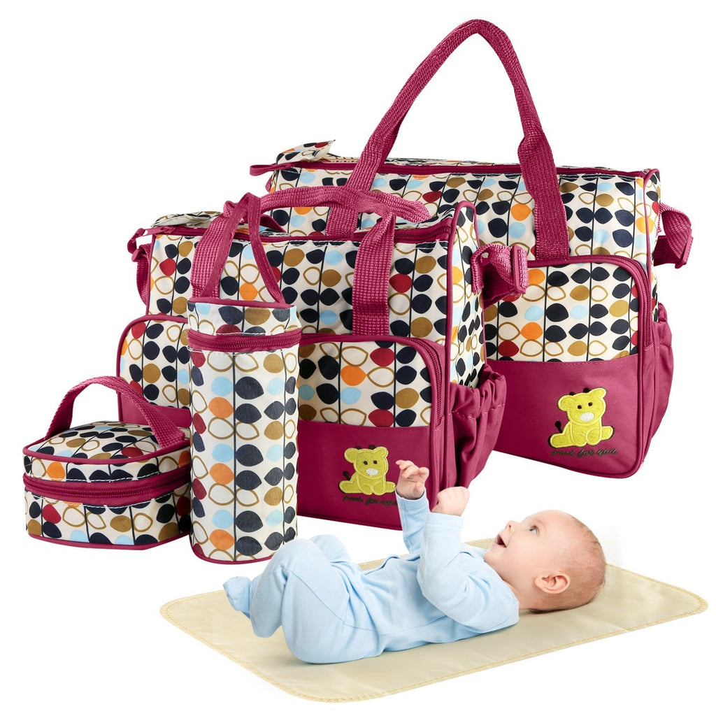 5PCS Baby Nappy Diaper Bags Set Mummy Diaper Shoulder Bags w/ Nappy Changing Pad Insulated Pockets Travel Tote Bags For Mom Dad