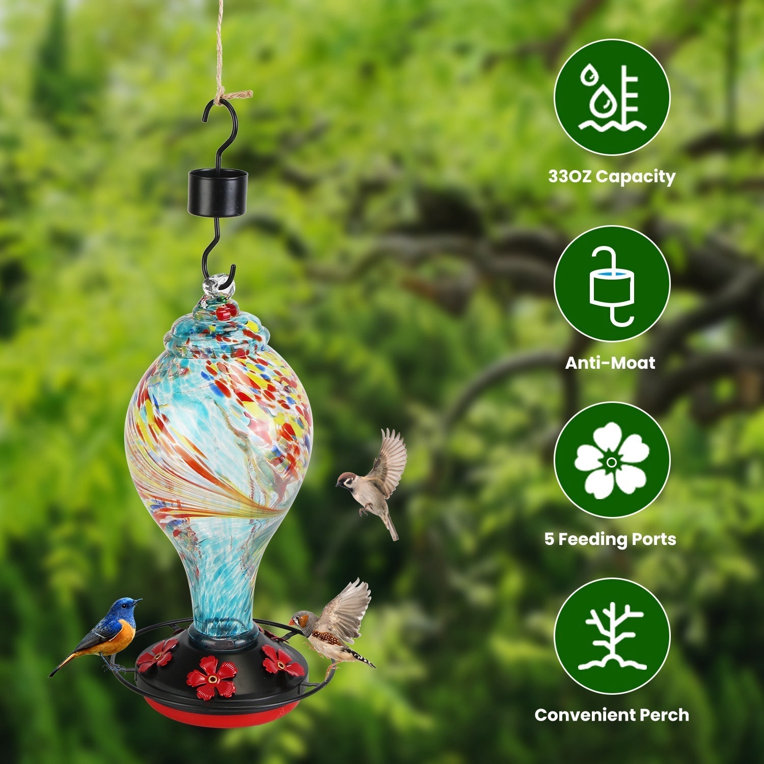 Glass Hummingbird Feeder 33OZ Hand Blown Hummingbird Feeder with 5 Flower Feeding Port Perch Ant Moat Hanging Hook S Hook Hemp Rope Cleaning Brush for