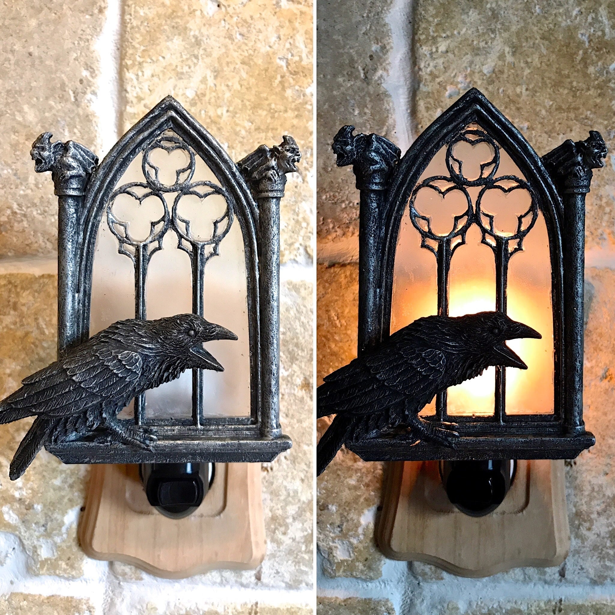 Raven and Window Nightlight, Hand Painted Resin Sculpture | Medieval Gothic Night Light | Poe’s Raven Lighting for Gothic Fantasy Home Decor