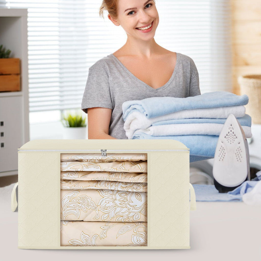 2Pcs Clothes Storage Bag 90L Large Capacity Foldable Closet Organizer with Thick Fabric Clear Window Dual-Zipper for Clothes Comforters Blankets Beddi