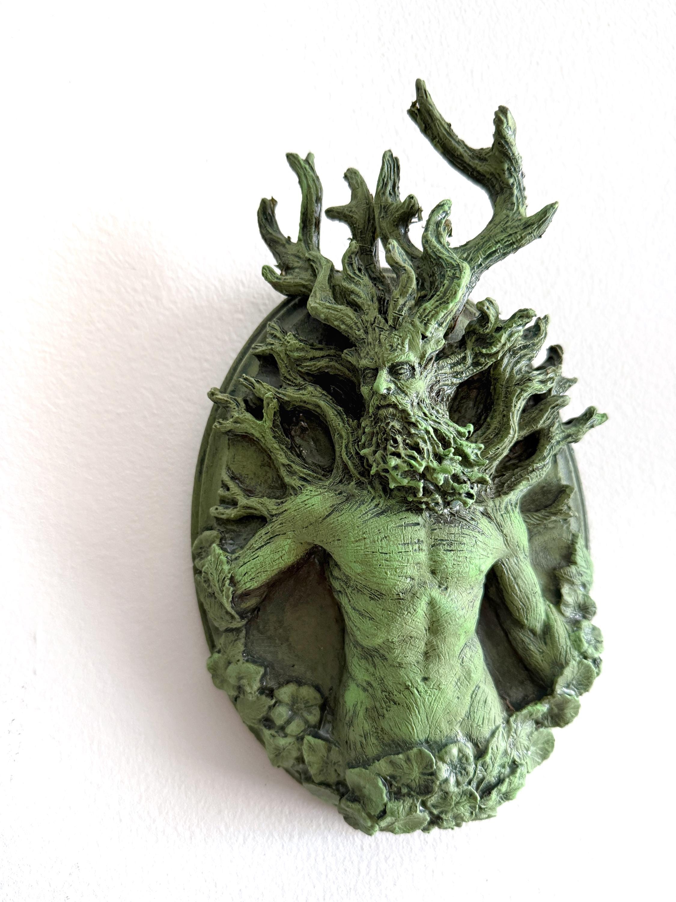 Green Man/ Cernunnos Wall Plaque, Hand Painted Resin Sculpture | Mythic Forest Creature Wall Art |Woodland Ent Wall Plaque for Nature Lovers