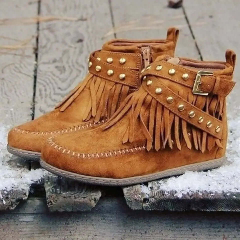 Women's Winter Ankle Boots with Rivet Tassel Detail