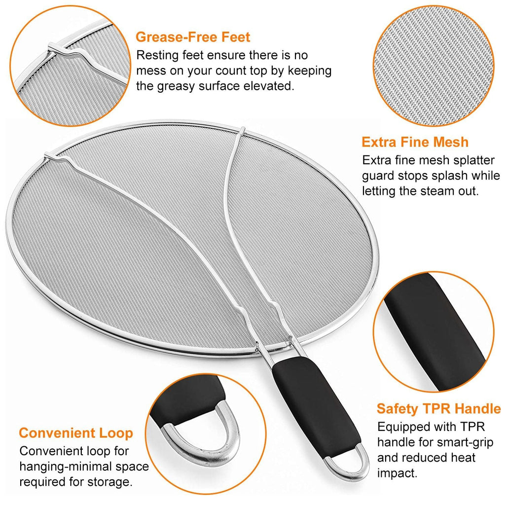 Grease Splatter ScreenÊ13in Stainless Steel Fine Mesh Splash Mesh Shield Hot Oil Stopper w/ Resting Feet For Frying Pan Cooking Woks Skillets Pots Pan
