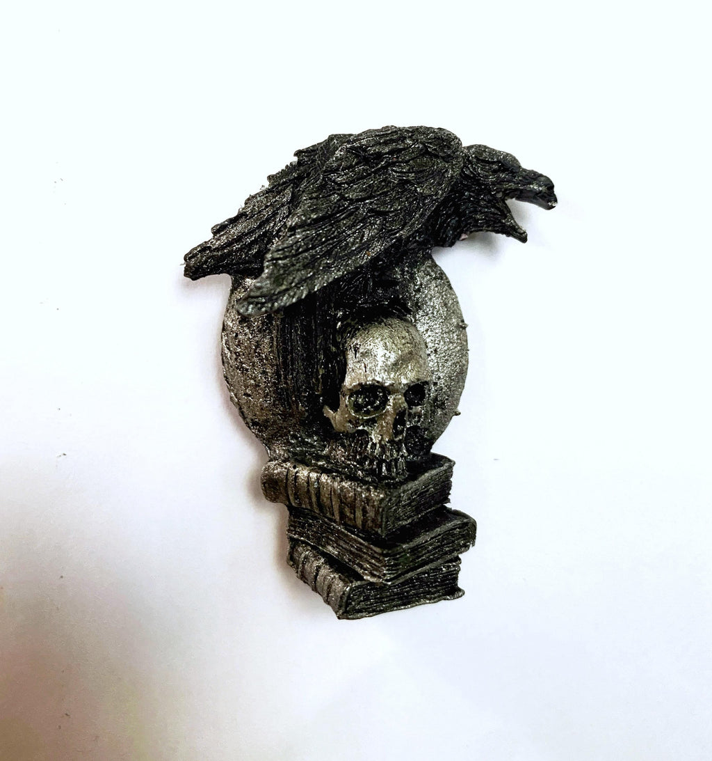 Raven Magnet, Hand Painted Resin Sculpture | Gothic Fantasy Decor | Poe's Raven and Skull Magnet for Fantasy and Gothic Decor