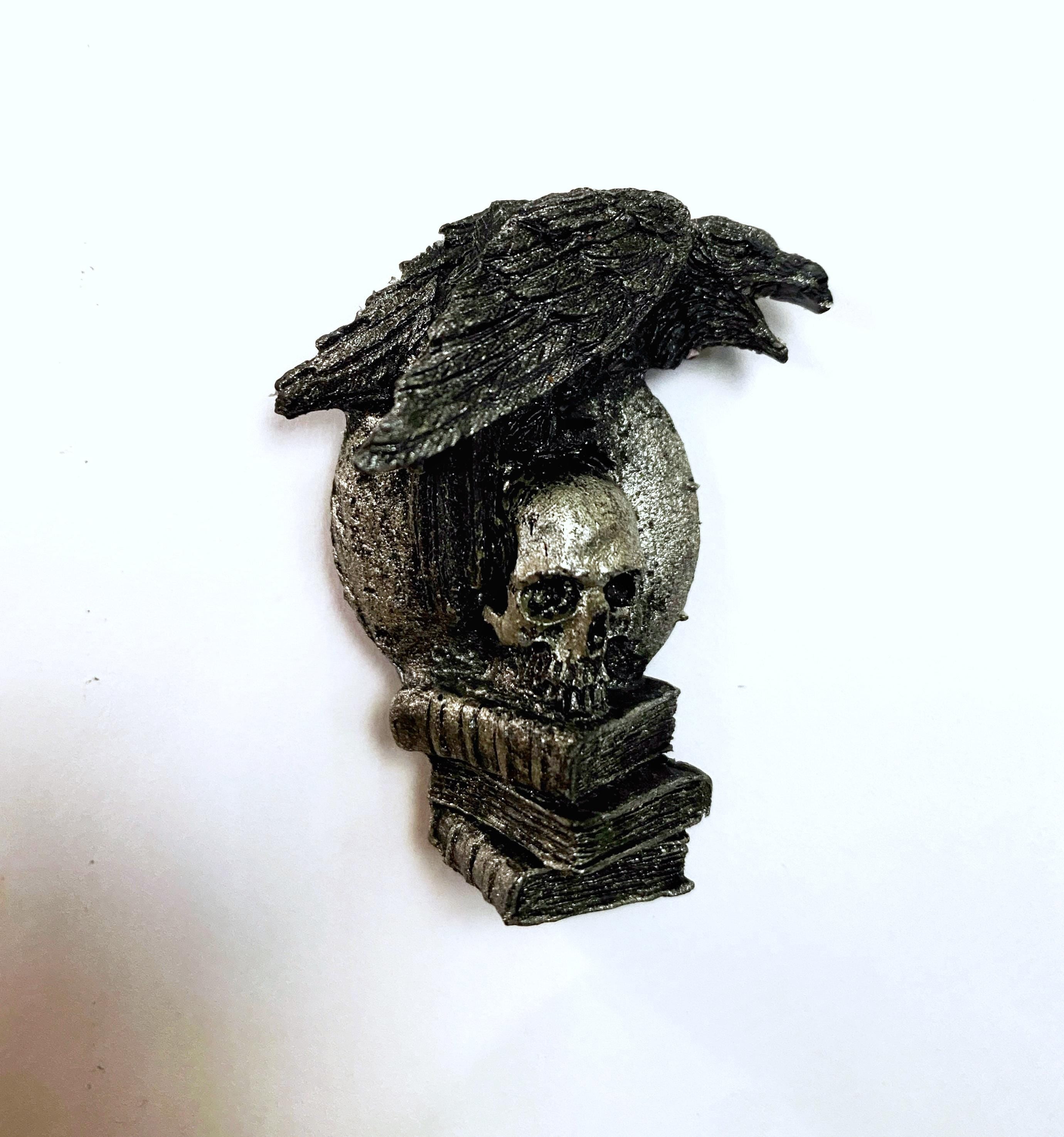 Raven Magnet, Hand Painted Resin Sculpture | Gothic Fantasy Decor | Poe's Raven and Skull Magnet for Fantasy and Gothic Decor