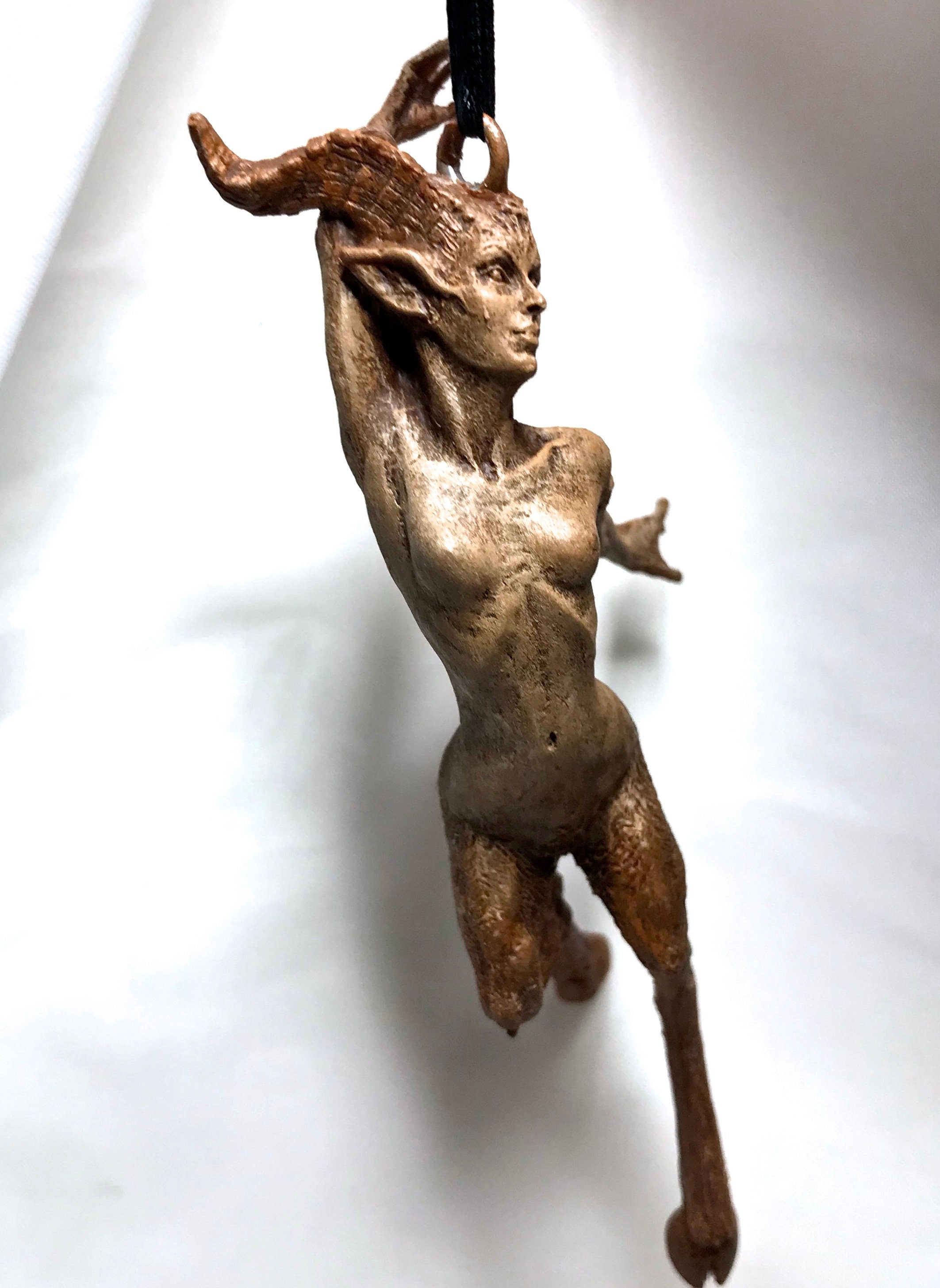 Faun Ornament, Hand Painted Resin Sculpture | Mythical Forest Creature Figurine | Woodland Female Satyr Ornament for Fantasy Art Decor