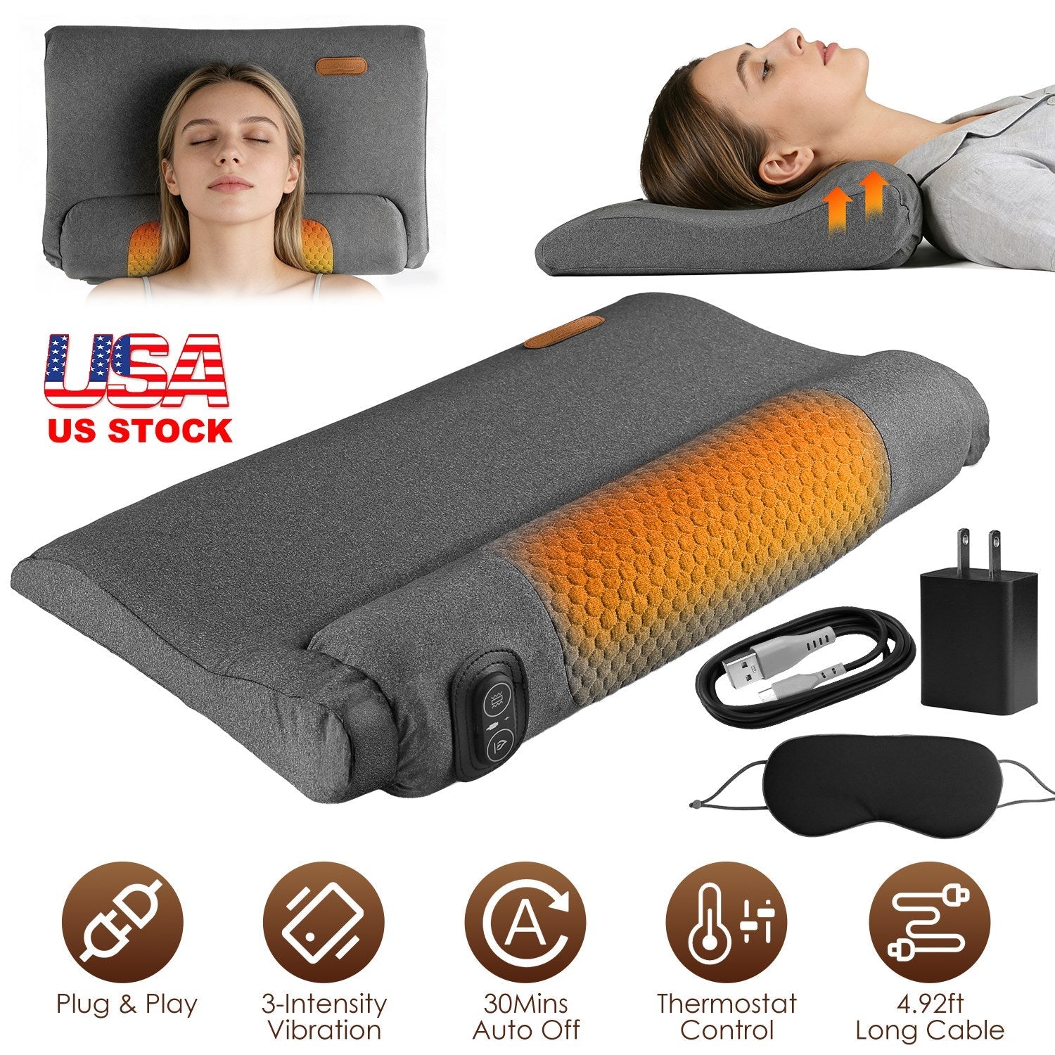 Neck Massager Pillow Ergonomic Massager Memory Foam Pillow with 3-Level Heating 3-Intensity Vibration 30Min Timer for Neck Back Shoulder Pain Relief
