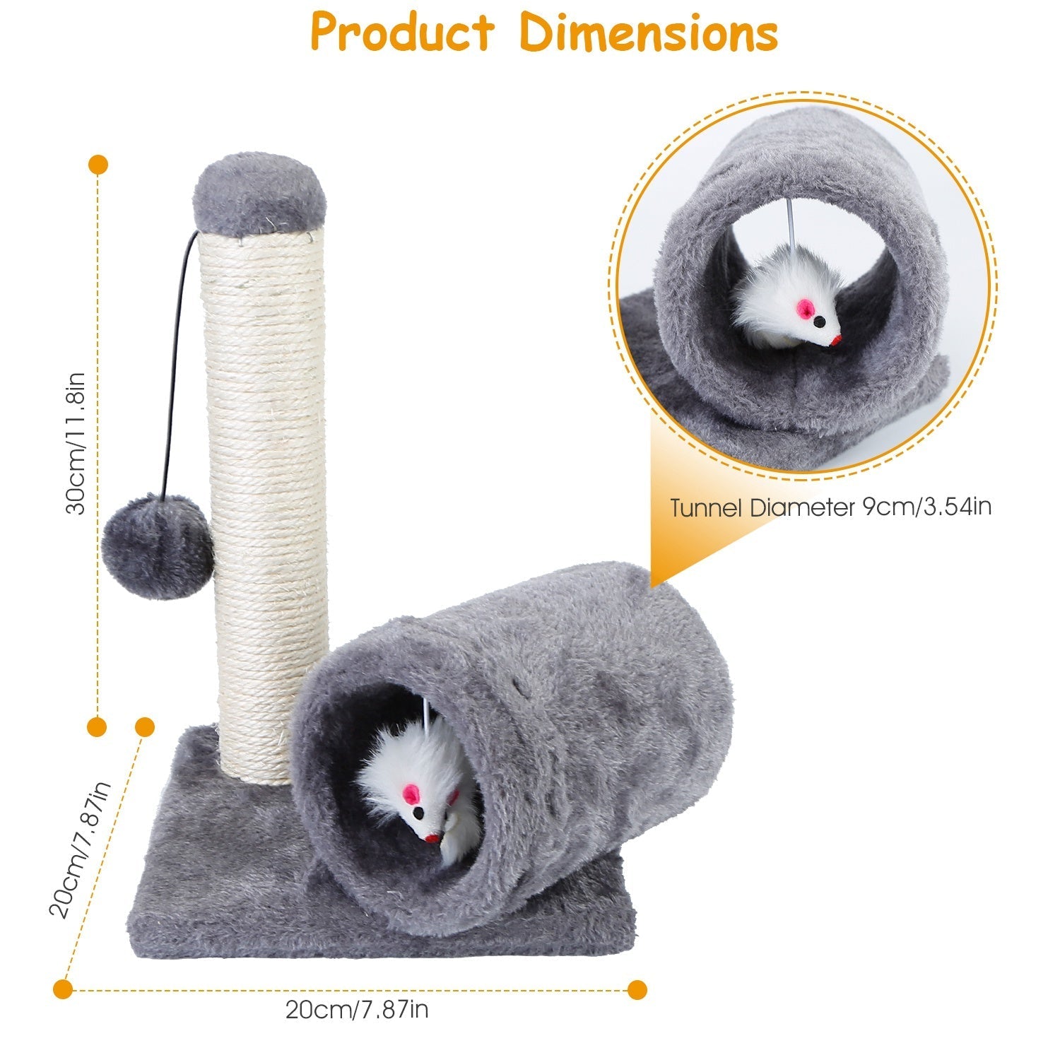 Cat Scratching Post Cat Kitten Sisal Scratch Post Toy w/ Tunnel & Lifelike Mouse Toy Pet Activity Play Fun