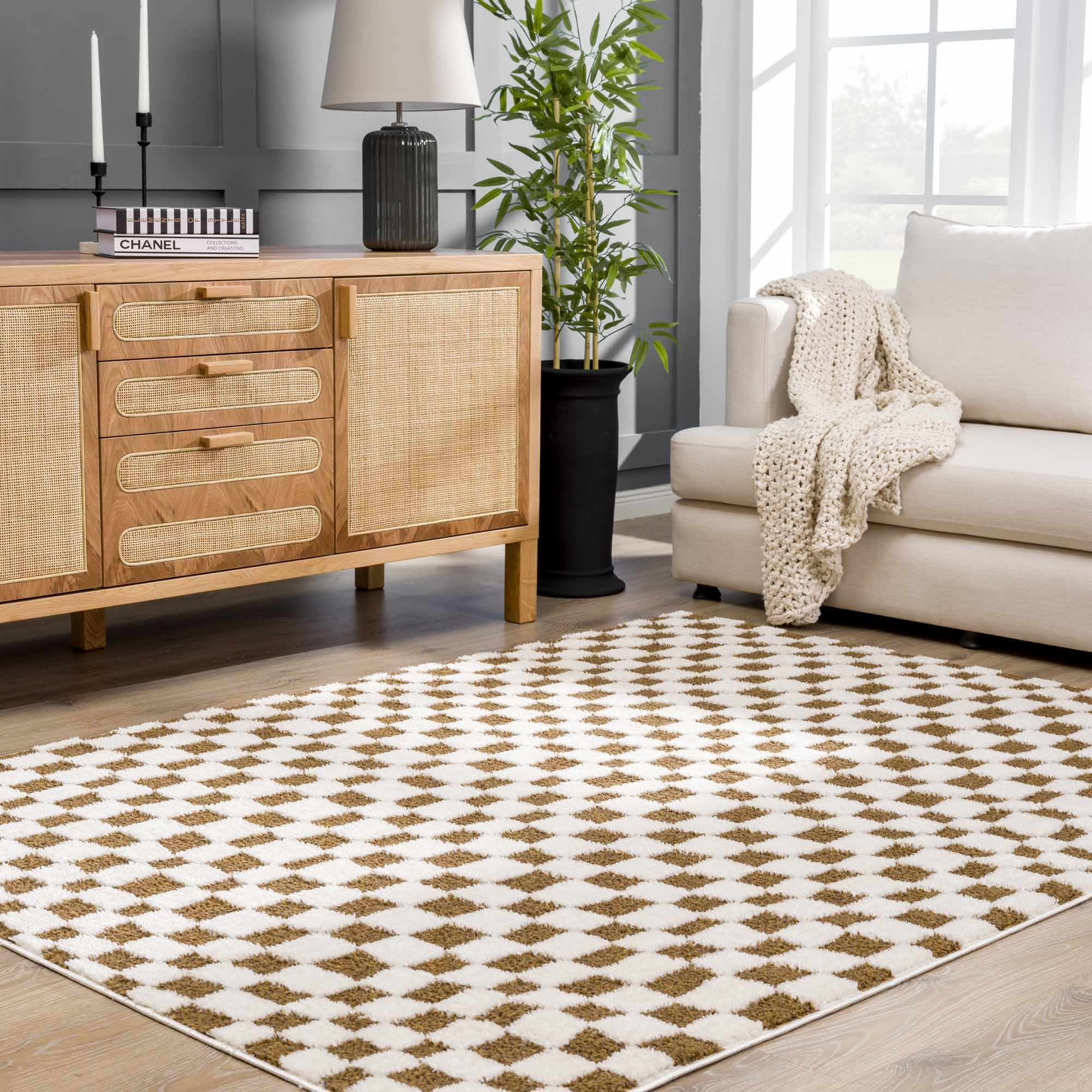 Lajos Brown Checkered Shag Rug - Clearance