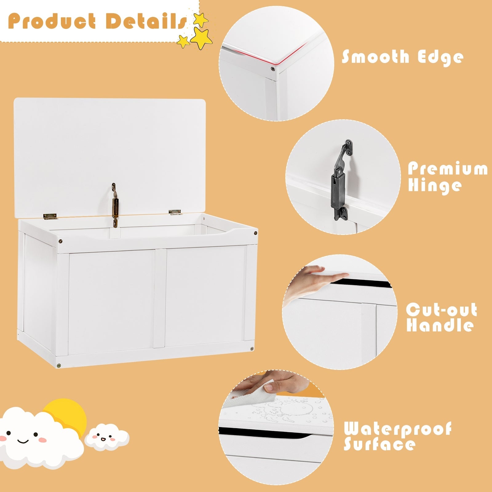 Safety Hinge Wooden Chest Organizer Toy Storage Box-White