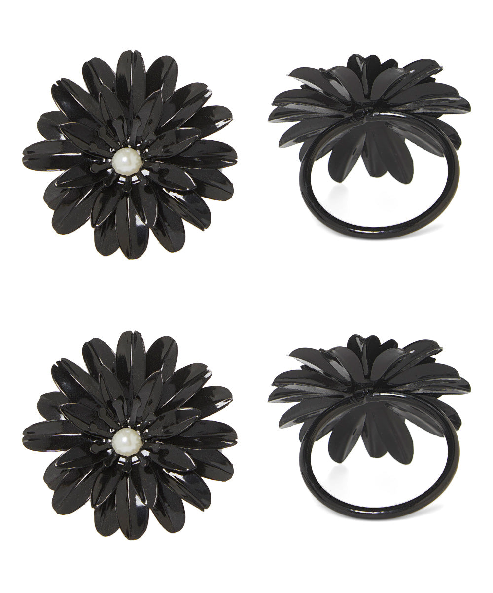 Vibhsa Black Floral Napkin Rings | Set of 4, Pearl Accents, Handcrafted
