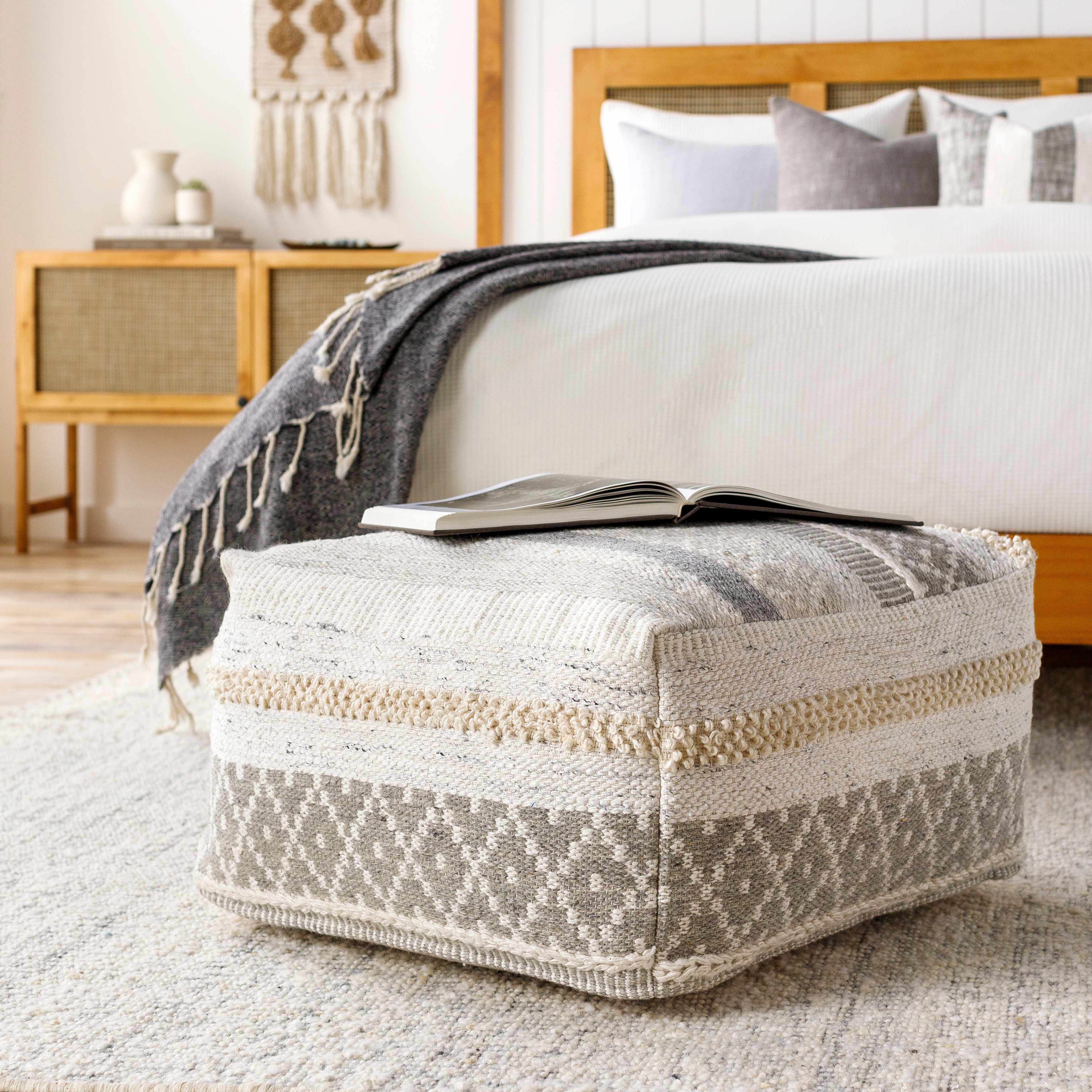 Geyser Woven White Gray Cotton Pouf - Clearance