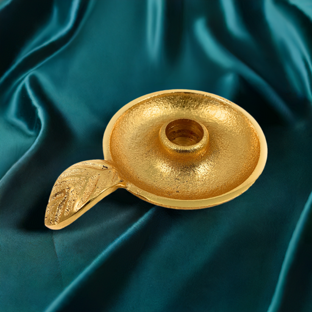 Vibhsa Gold Taper Candlestick Holder Dish | Leaf Handle, Rustic Gold, Aluminum