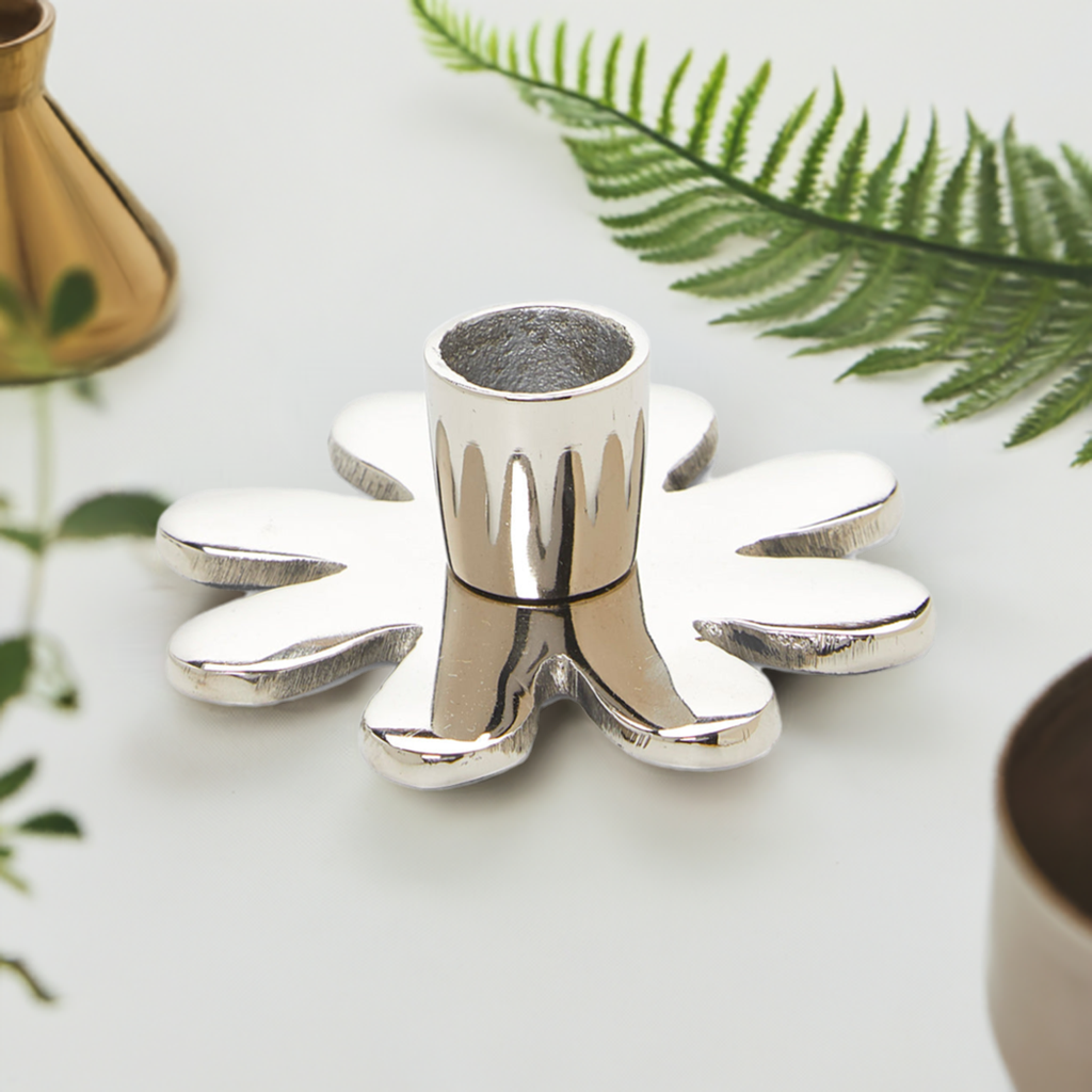 Vibhsa Decorative Silver Flower Candle Holder | 4" Handcrafted Aluminum