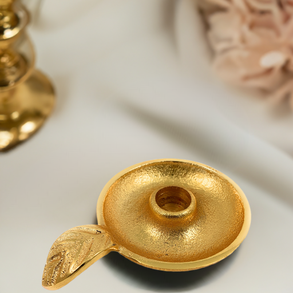 Vibhsa Gold Taper Candlestick Holder Dish | Leaf Handle, Rustic Gold, Aluminum