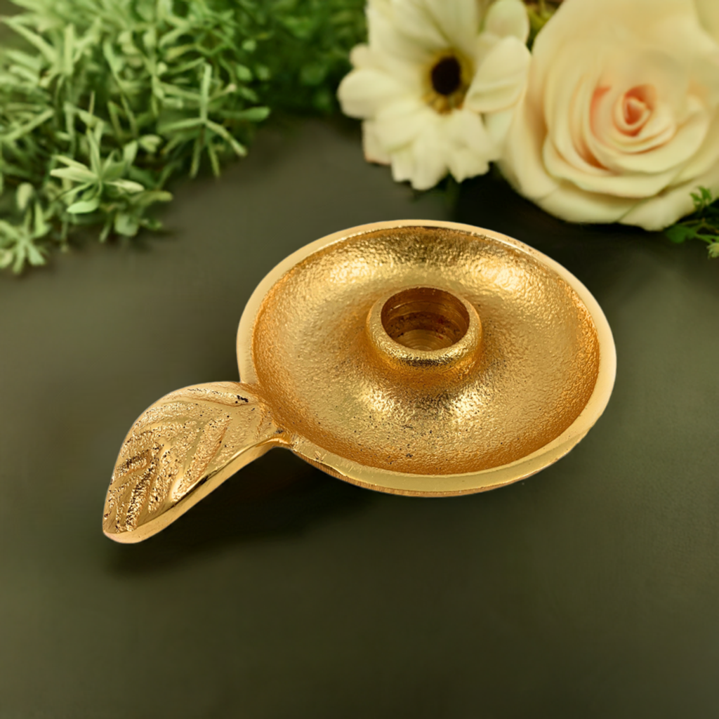 Vibhsa Gold Taper Candlestick Holder Dish | Leaf Handle, Rustic Gold, Aluminum