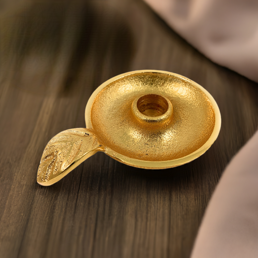 Vibhsa Gold Taper Candlestick Holder Dish | Leaf Handle, Rustic Gold, Aluminum