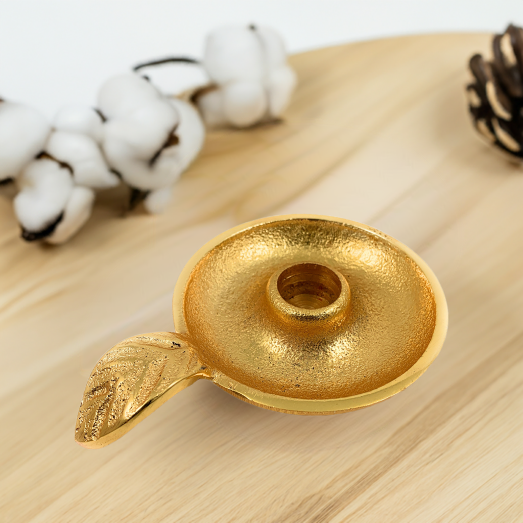 Vibhsa Gold Taper Candlestick Holder Dish | Leaf Handle, Rustic Gold, Aluminum