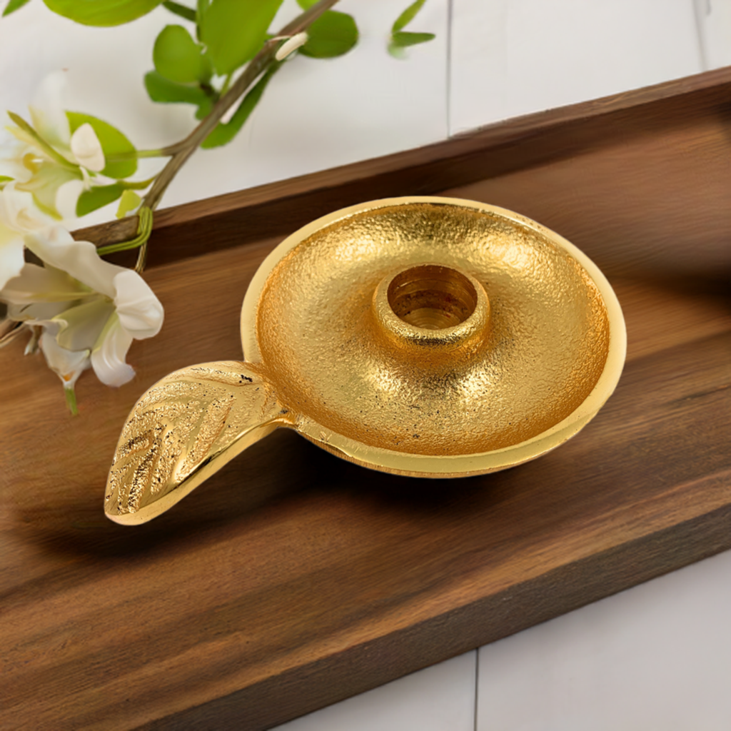 Vibhsa Gold Taper Candlestick Holder Dish | Leaf Handle, Rustic Gold, Aluminum