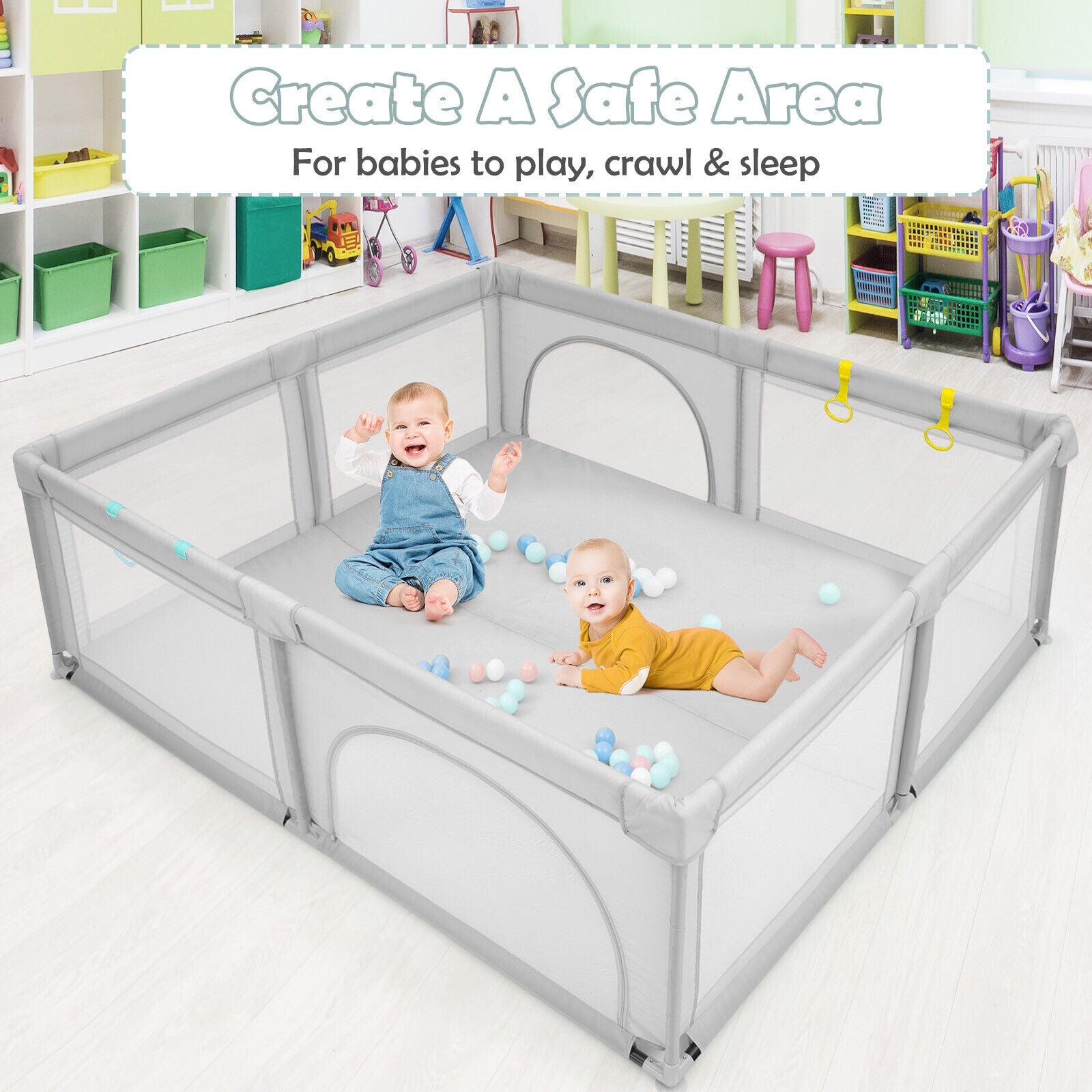 Large Infant Baby Playpen Safety Play Center Yard with 50 Ocean Balls-Gray
