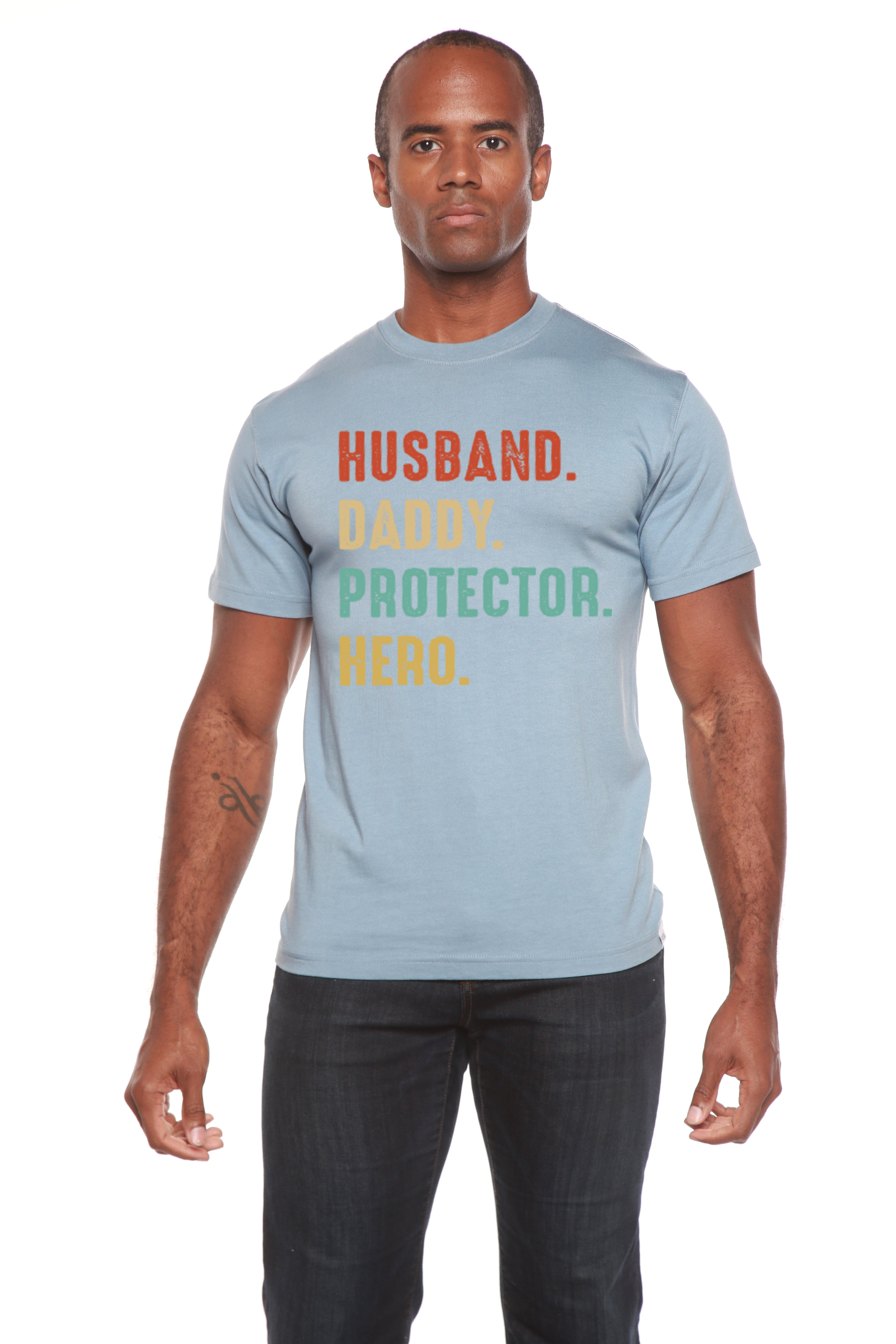 Husband, Daddy, Protector, Hero Men's Bamboo Viscose/Organic Cotton Short Sleeve Graphic T-Shirt