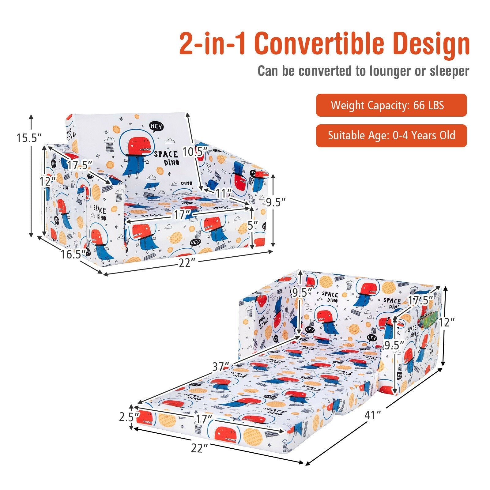 2-in-1 Convertible Kids Sofa with Velvet Fabric-White