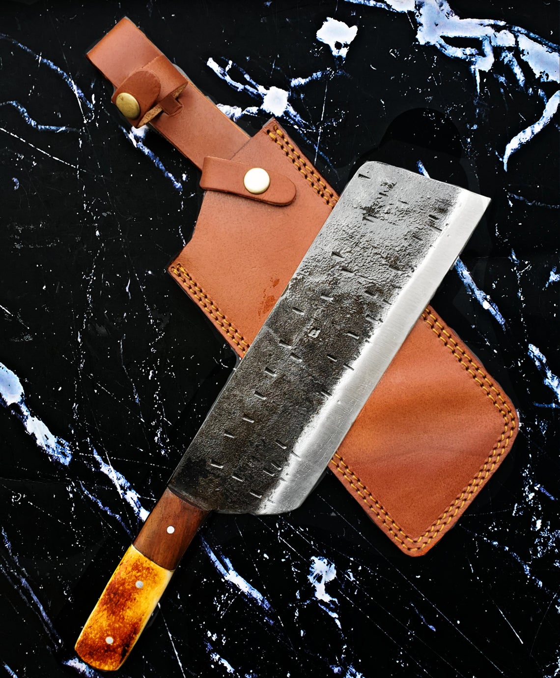Heavy duty Carbon steel Cleaver / Meat chopper with Burnt Camel bone and walnut handle by Titan (Duty Cleaver)