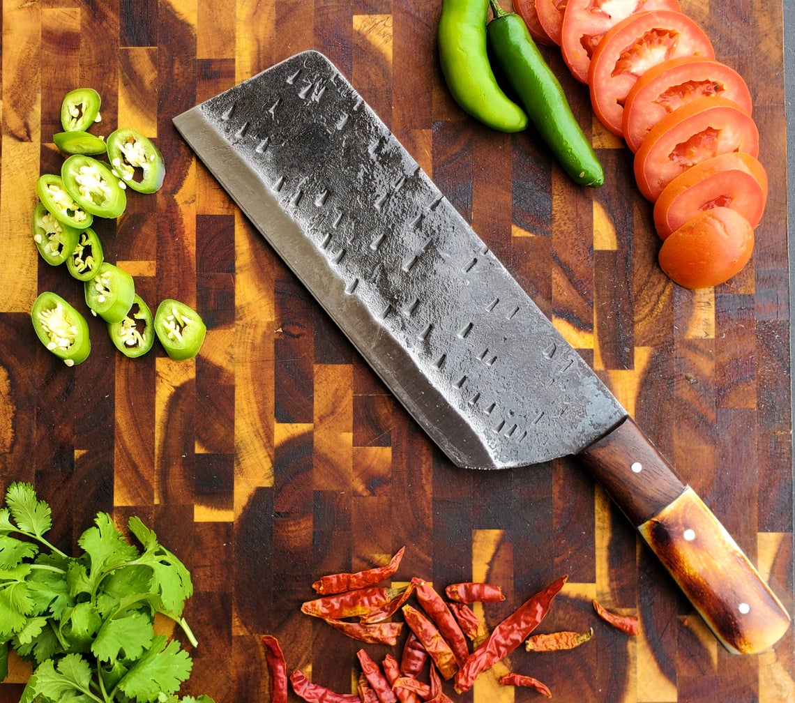 Heavy duty Carbon steel Cleaver / Meat chopper with Burnt Camel bone and walnut handle by Titan (Duty Cleaver)